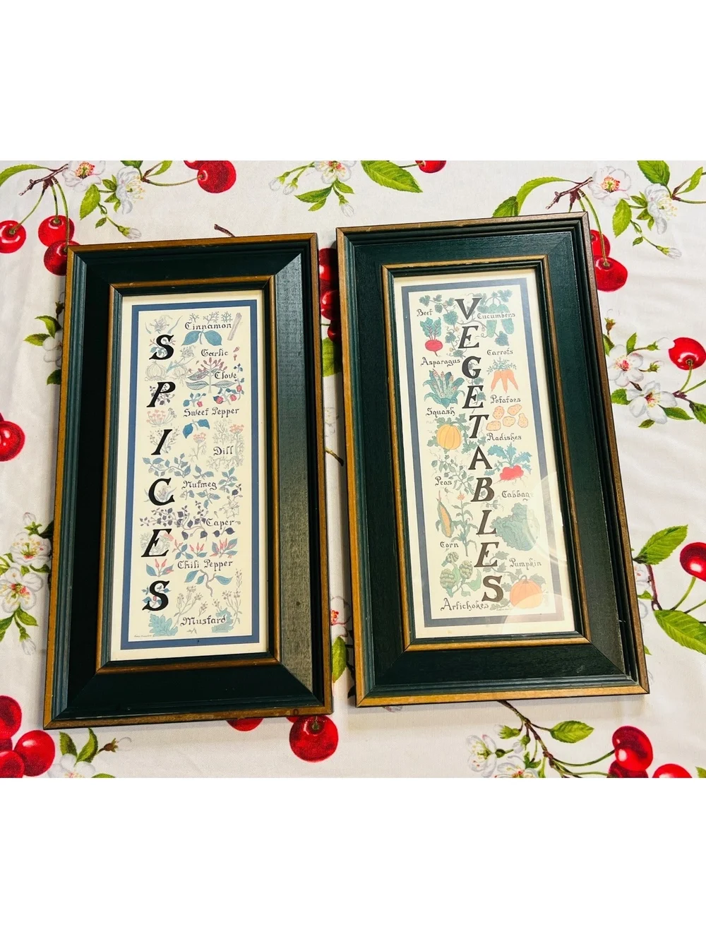 Vintage Framed Spices and Vegetables Botanical Prints Set of 2, 9x16.5 Inches